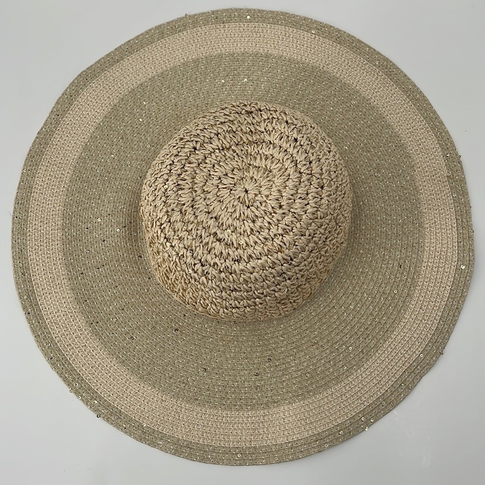 𝅺WOVEN wide brim floppy beach hat with shimmer and sequins natural tan color
